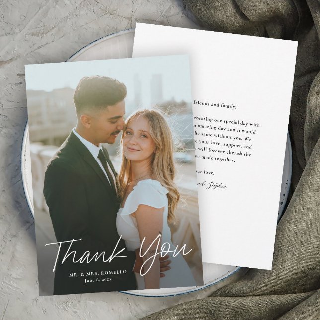 Script moderne Mariage photo simple Carte de remer (Handwritten script photo wedding thank you cards.)