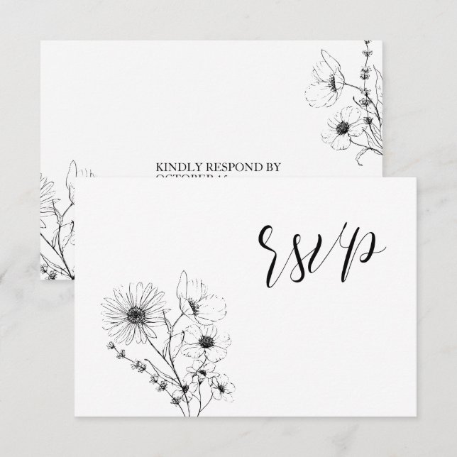 Script moderne noir blanc Floral Pas de menu Carte (Devant / Derrière)