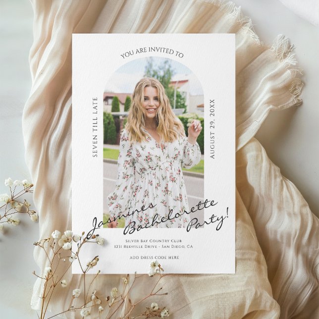 script moderne photo bachelorette Invitation (modern fun bachelorette party invitation tie the knot in style )