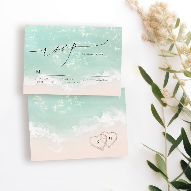 Script moderne Sand Hearts Beach Wedding RSVP (Modern Script Sand Hearts Beach Wedding RSVP)