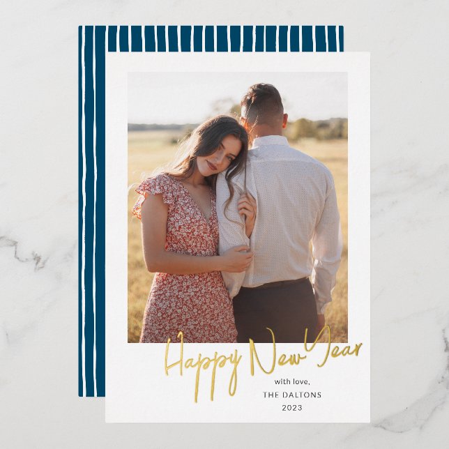 Script moderne Simple Photo Foil Carte de vacances (Recto/Verso)