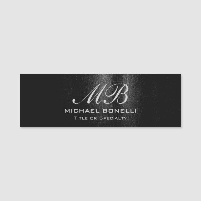 Script monogram black grey modern cute name tag (Front)