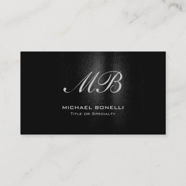 Script monogram black grey pattern business card (Front)