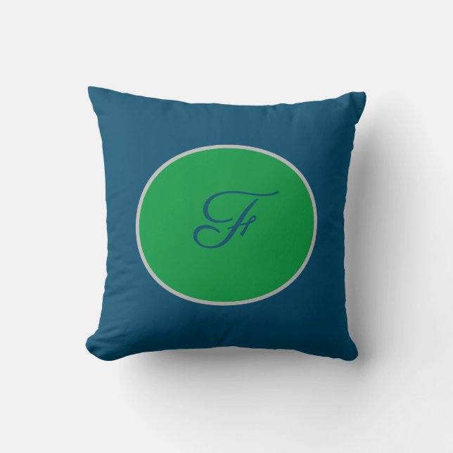 Script Monogram Blue and Green Throw Pillow (Front)