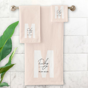 Script Monogram Blush Pink Modern Chic Signature Bath Towel Set