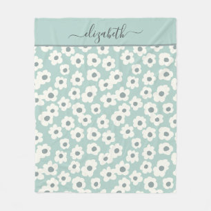 Script Monogram Boho Green White Grey Floral Fleece Blanket