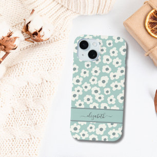 Script Monogram Boho Green White Grey Floral  iPhone 15 Case