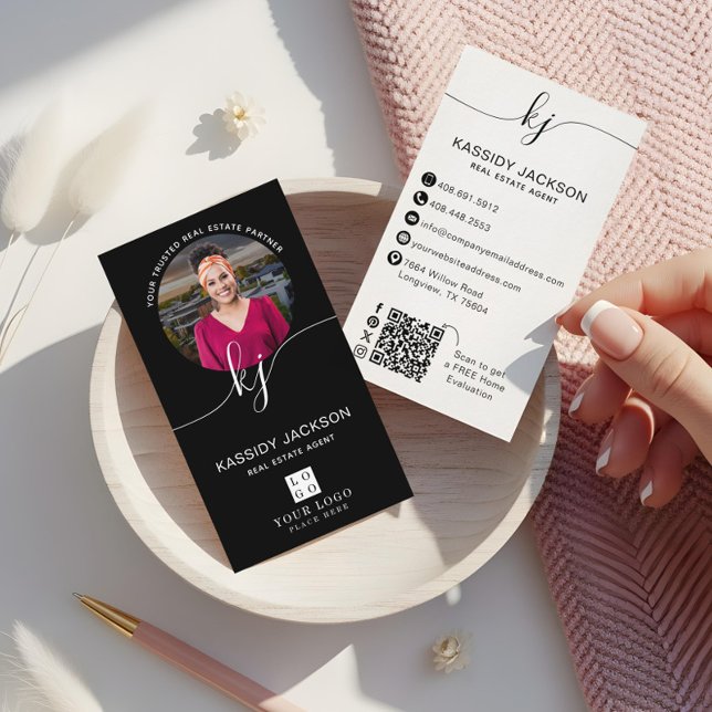 Script Monogram Circle Business Photo Logo QR Code Card (Script Monogram Circle Business Photo Logo QR Code Business Card)