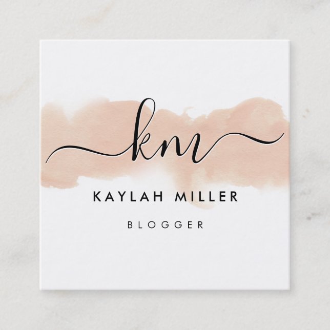 SCRIPT MONOGRAM elegant initials blush watercolor Square Business Card (Front)