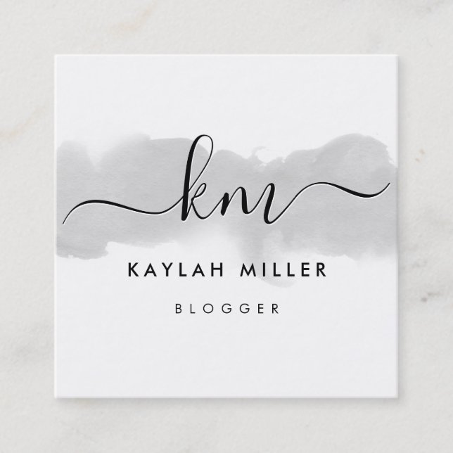 SCRIPT MONOGRAM elegant initials grey watercolor Square Business Card (Front)