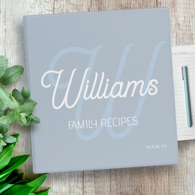 Script Monogram Family Recipes Modern Dusty Blue Binder (Creator Uploaded)