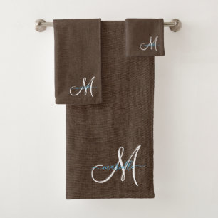 Script Monogram Faux Linen Dark Brown Bath Towel Set