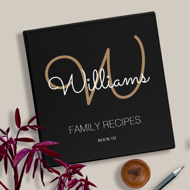 Script Monogram for Family Recipes, black modern Binder (Creator Uploaded)