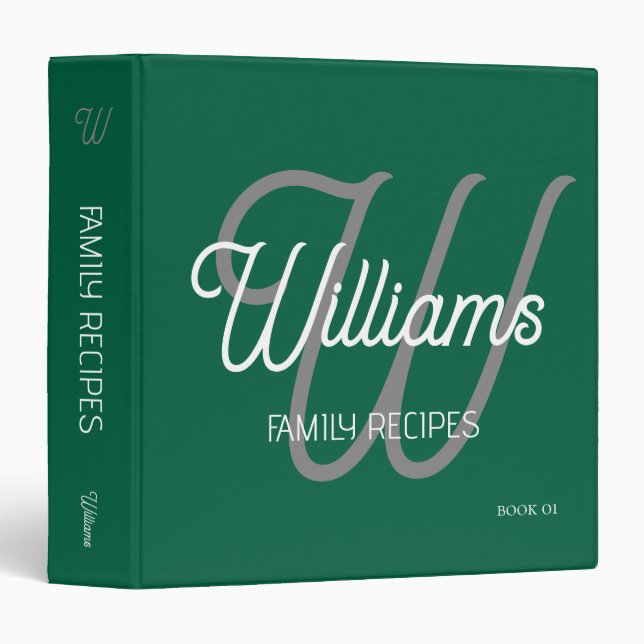 Script Monogram for Family Recipes Modern Green Binder (Front/Spine)