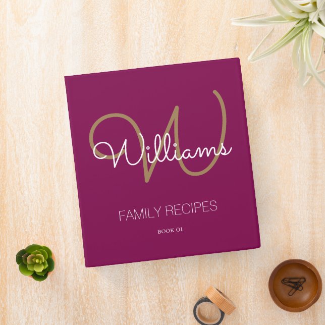 Script Monogram for Family Recipes, wine colour Binder (In Situ)