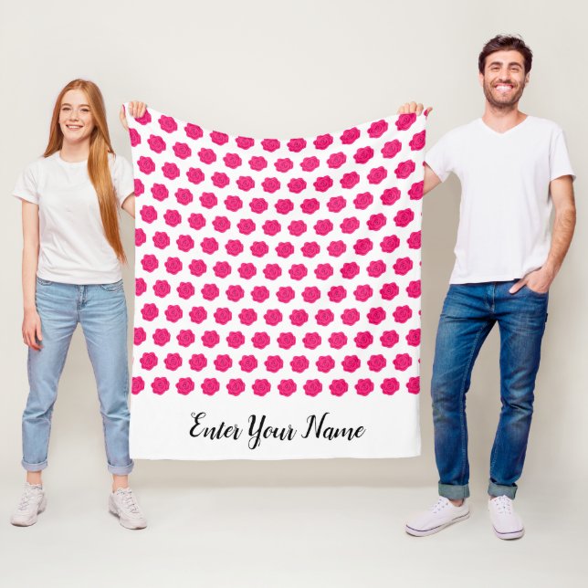 Script Monogram HotPink Rose Floral Pattern Custom Fleece Blanket (In Situ)