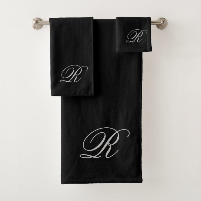 Script Monogram Initial Grey Black Bath Towel Set (Insitu)