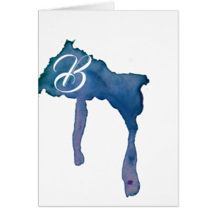 Script Monogram Note Cards- Watercolor Drip Blue