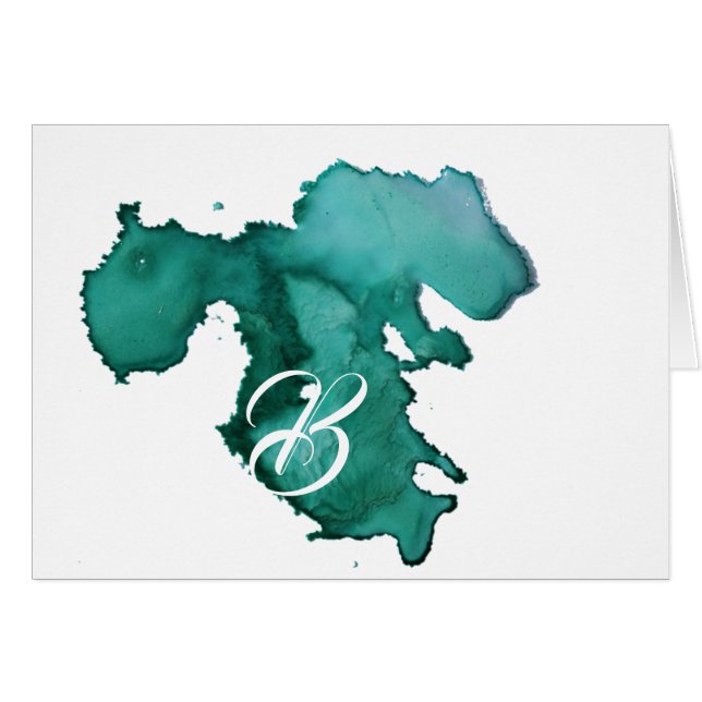 Script Monogram Note Cards- Watercolor Splat Teal (Front Horizontal)