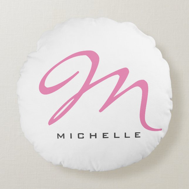 Script Monogram Pink Calligraphy Your Name Gift Round Pillow (Front)
