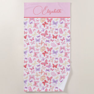 Script Monogram Pink Purple Yellow Butterflies  Beach Towel