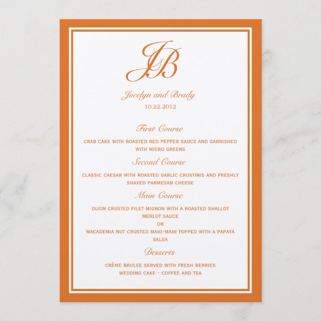 Script Monogram Wedding Menu Cards (Orange) (Front)