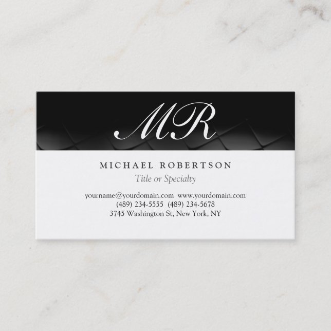 Script Monogram White Black Pattern Business Card (Front)