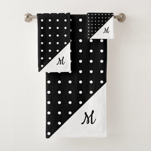 Script Monogram White on Black Polka Dot Pattern Bath Towel Set (Insitu)