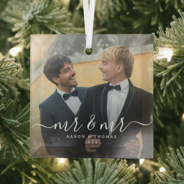 Script Mr & Mr Newlyweds Photo Christmas Glass Ornament (Insitu)