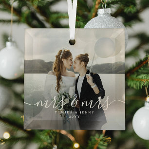 Script Mrs & Mrs Newlyweds Photo Christmas Glass Ornament