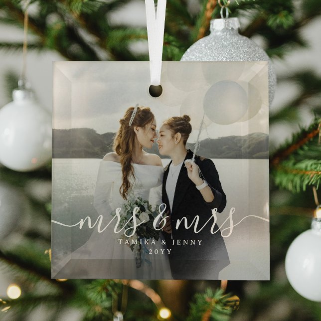 Script Mrs & Mrs Newlyweds Photo Christmas Glass Ornament (Creator Uploaded)