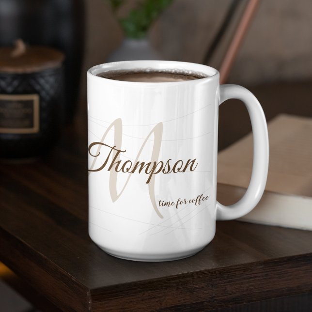 Script name and initial (monogram) white 15 oz coffee mug (elegant monogram)