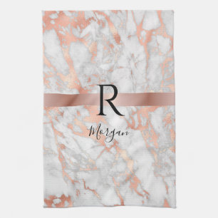 Script Name/Blk Monogram, White & Rose Gold Marble Kitchen Towel