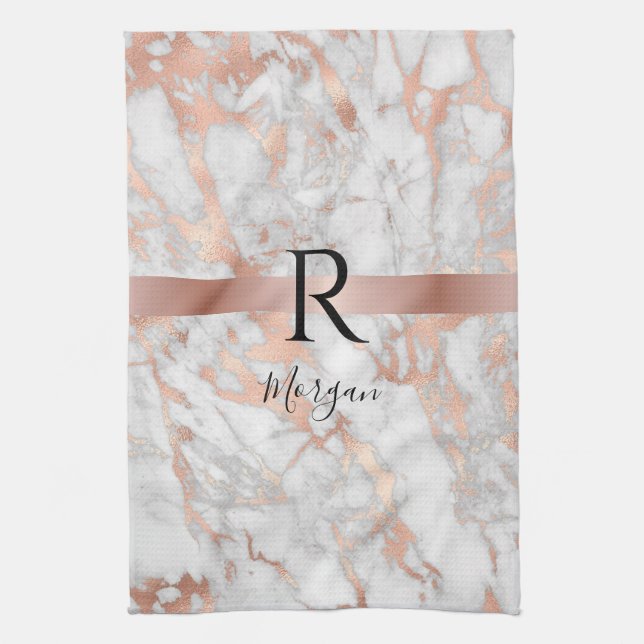 Script Name/Blk Monogram, White & Rose Gold Marble Kitchen Towel (Vertical)