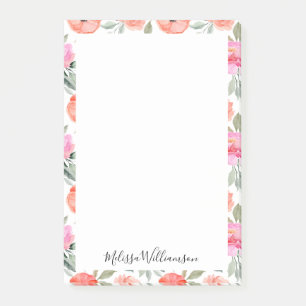 Script Name Blush Pink Floral Sage Peach Border Post-it Notes