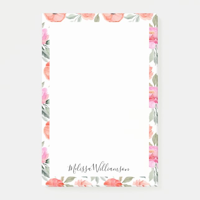 Script Name Blush Pink Floral Sage Peach Border Post-it Notes (Front)