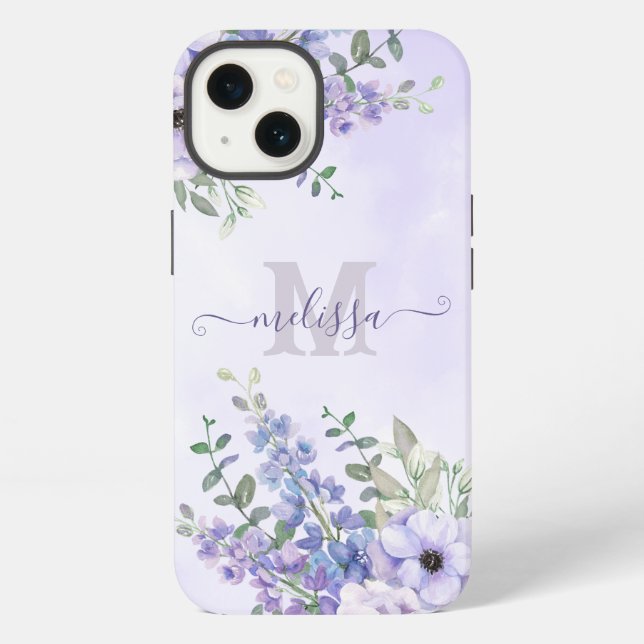 Script Name Blush Purple Wildflowers Monogram iPhone Case (Back)