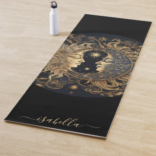 Script Name Celestial Sun Moon Gold Black Yoga Mat