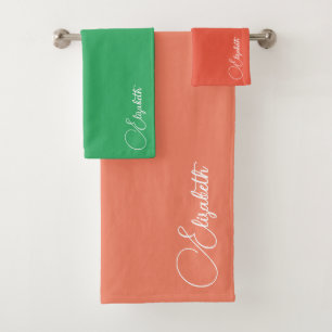 Script Name Changeable Colours Salmon Orange Green Bath Towel Set