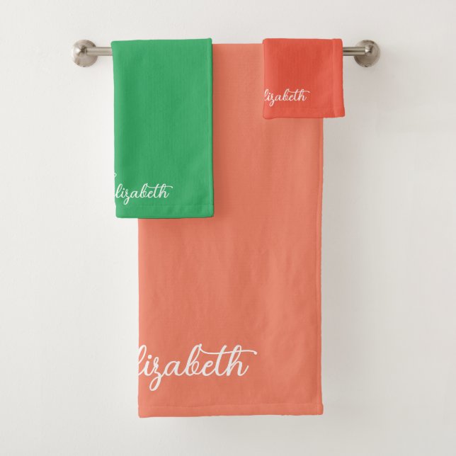 Script Name Custom Salmon Orange Green Template Bath Towel Set (Insitu)