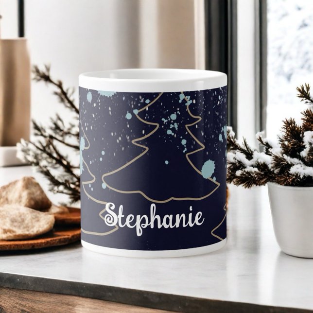 Script name cute cabin navy gold tree white dots  large coffee mug (Creator Uploaded)