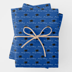 Script Name Graduation Cap Class Year Blue Wrapping Paper Sheet