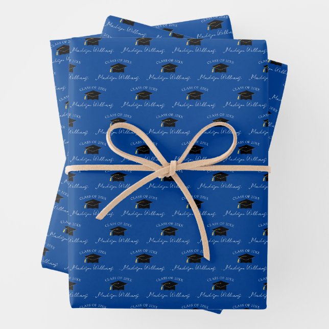 Script Name Graduation Cap Class Year Blue Wrapping Paper Sheet (In situ)