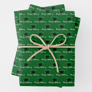 Script Name Graduation Cap Class Year Green Wrapping Paper Sheet