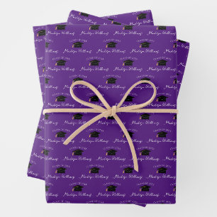Script Name Graduation Cap Class Year Purple Wrapping Paper Sheet