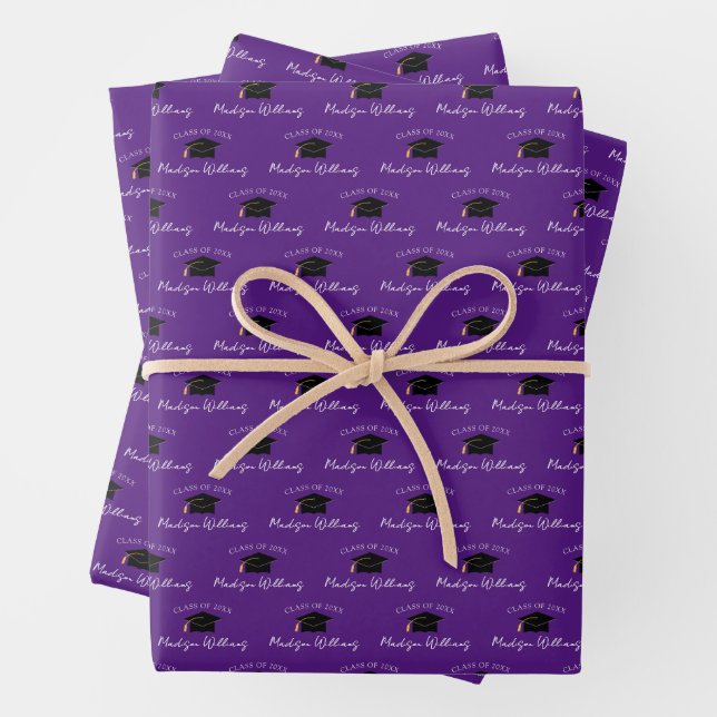 Script Name Graduation Cap Class Year Purple Wrapping Paper Sheet (In situ)