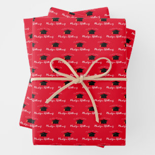 Script Name Graduation Cap Class Year Red Wrapping Paper Sheet