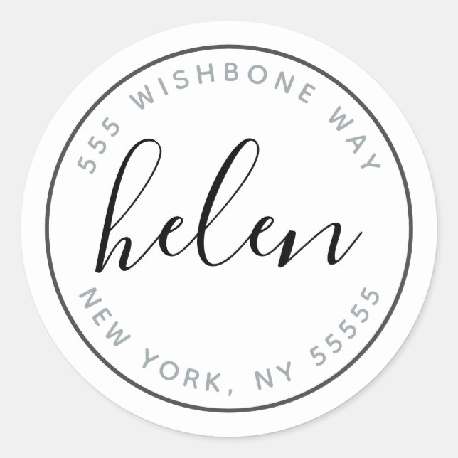 Script Name Modern Personalized Address in Black Classic Round Sticker (Front)