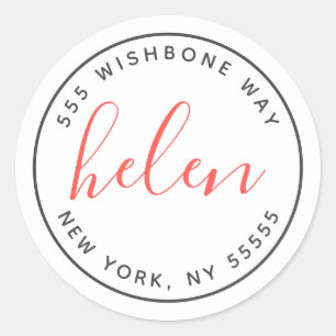 Script Name Modern Personalized Address in Coral Classic Round Sticker