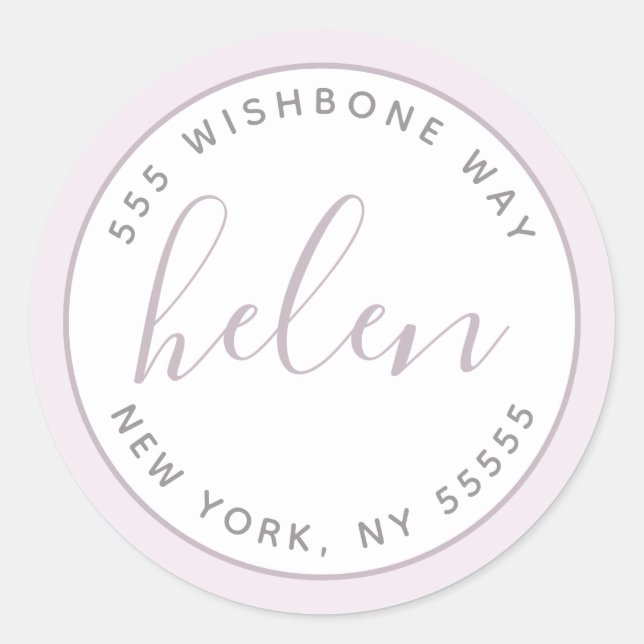 Script Name Modern Personalized Address in Purple Classic Round Sticker (Front)